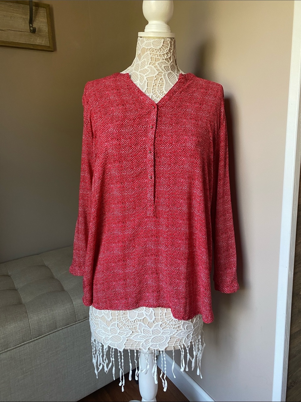 grand & greene Red patterned V‑Neck Button blouse